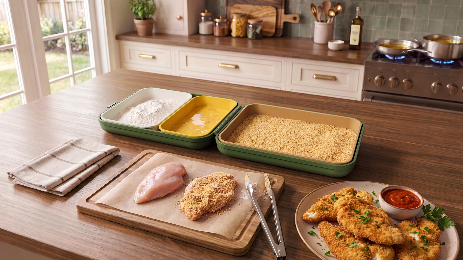 Organized breading setup using The Cutlet Station