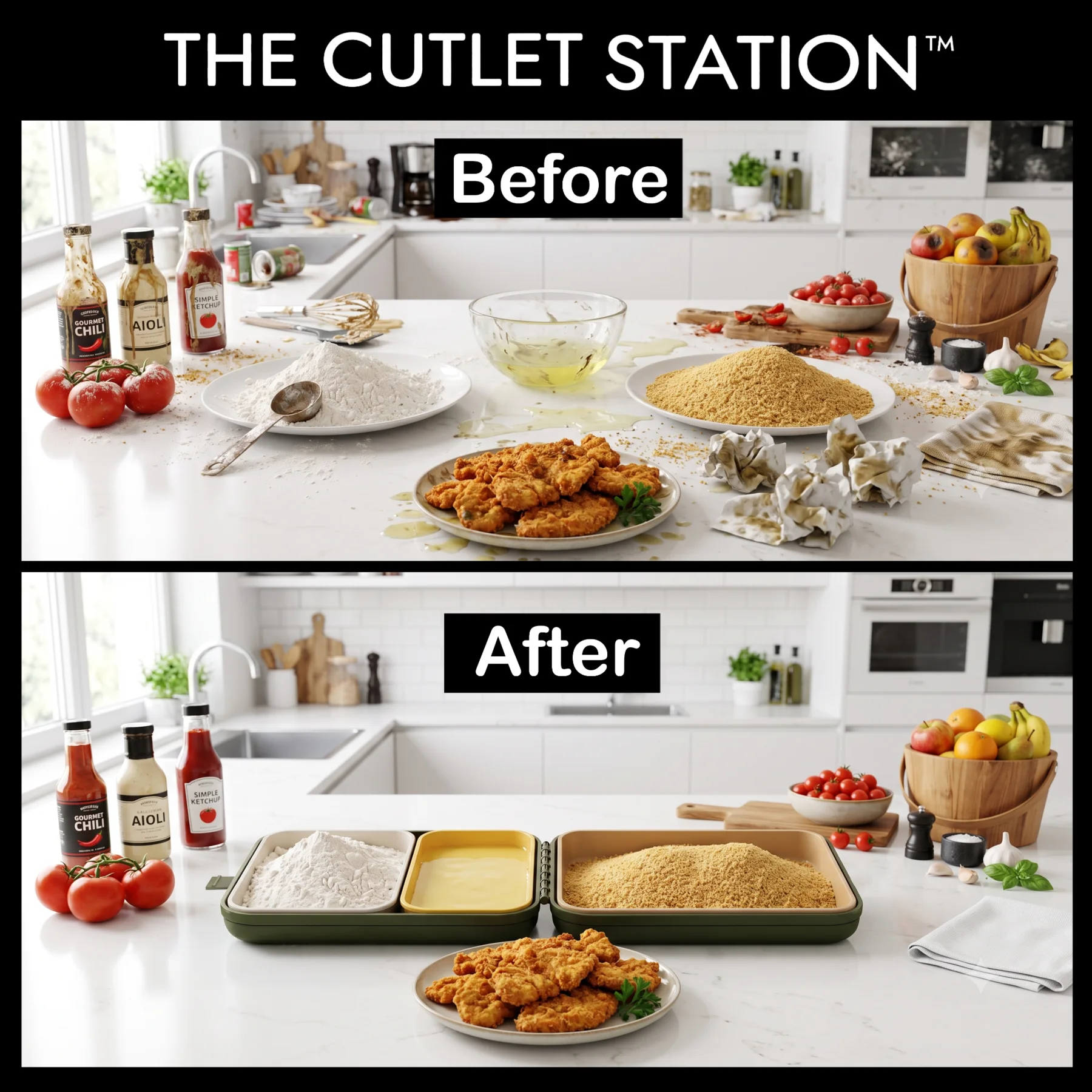 Comparison of a cluttered breading setup and the organized Cutlet Station