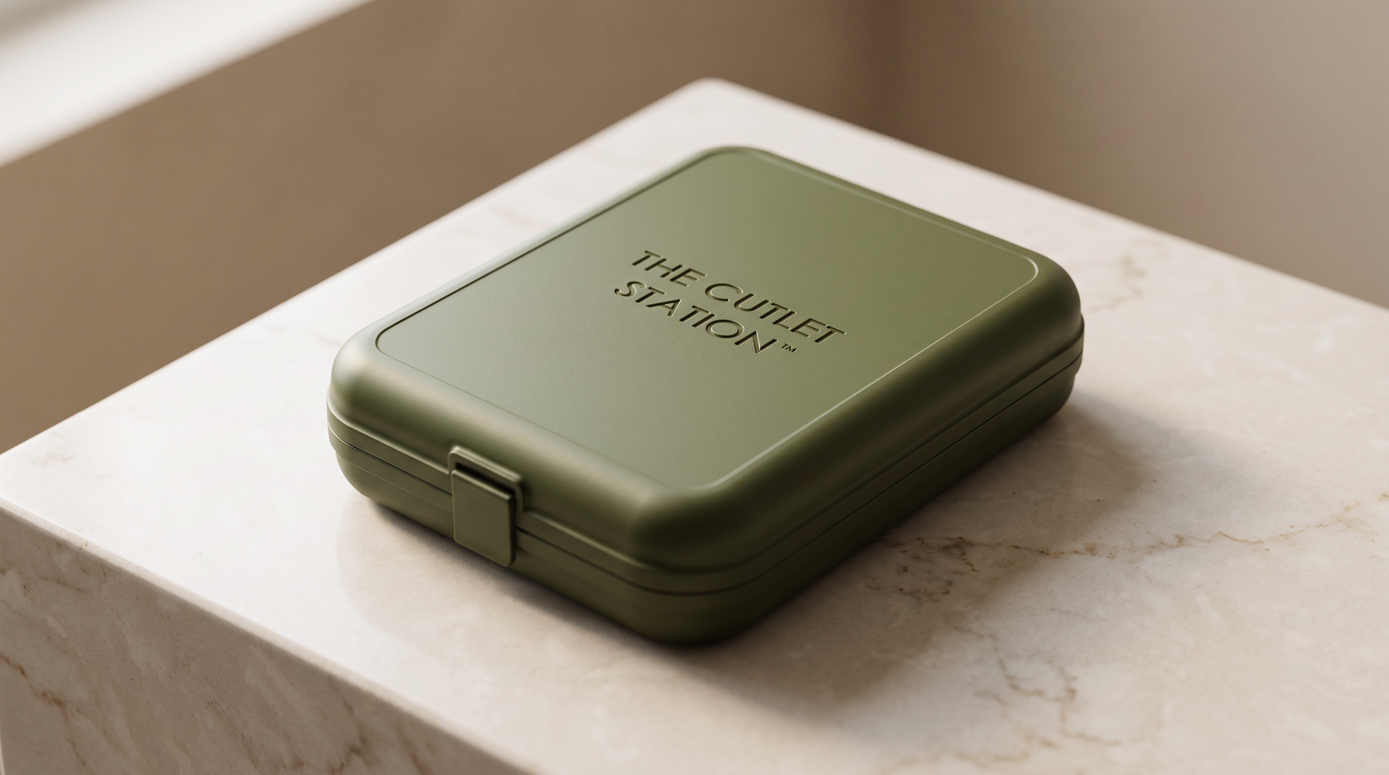 Closed olive-green Cutlet Station on a warm stone countertop
