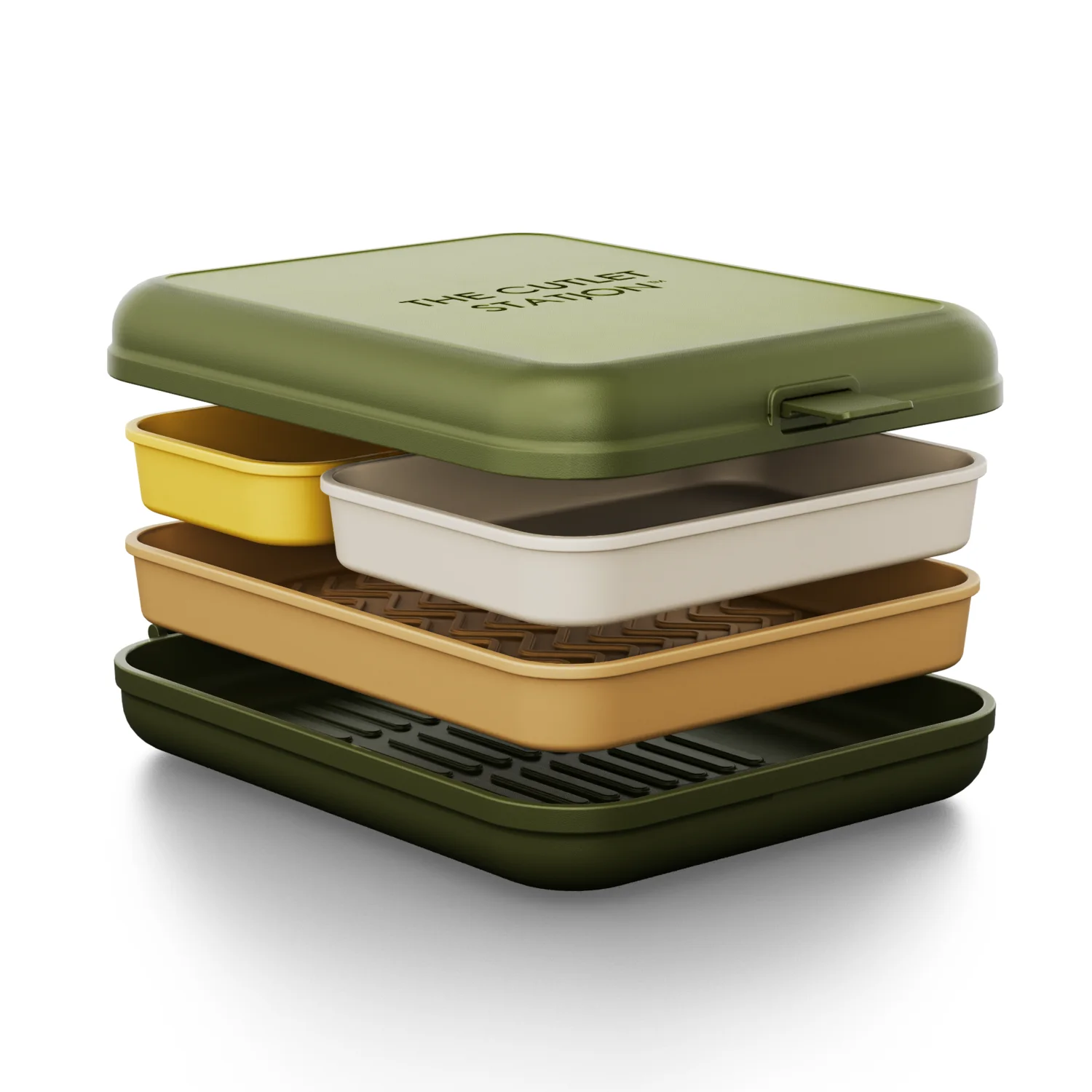 Exploded view of the removable trays and Cutlet Station base