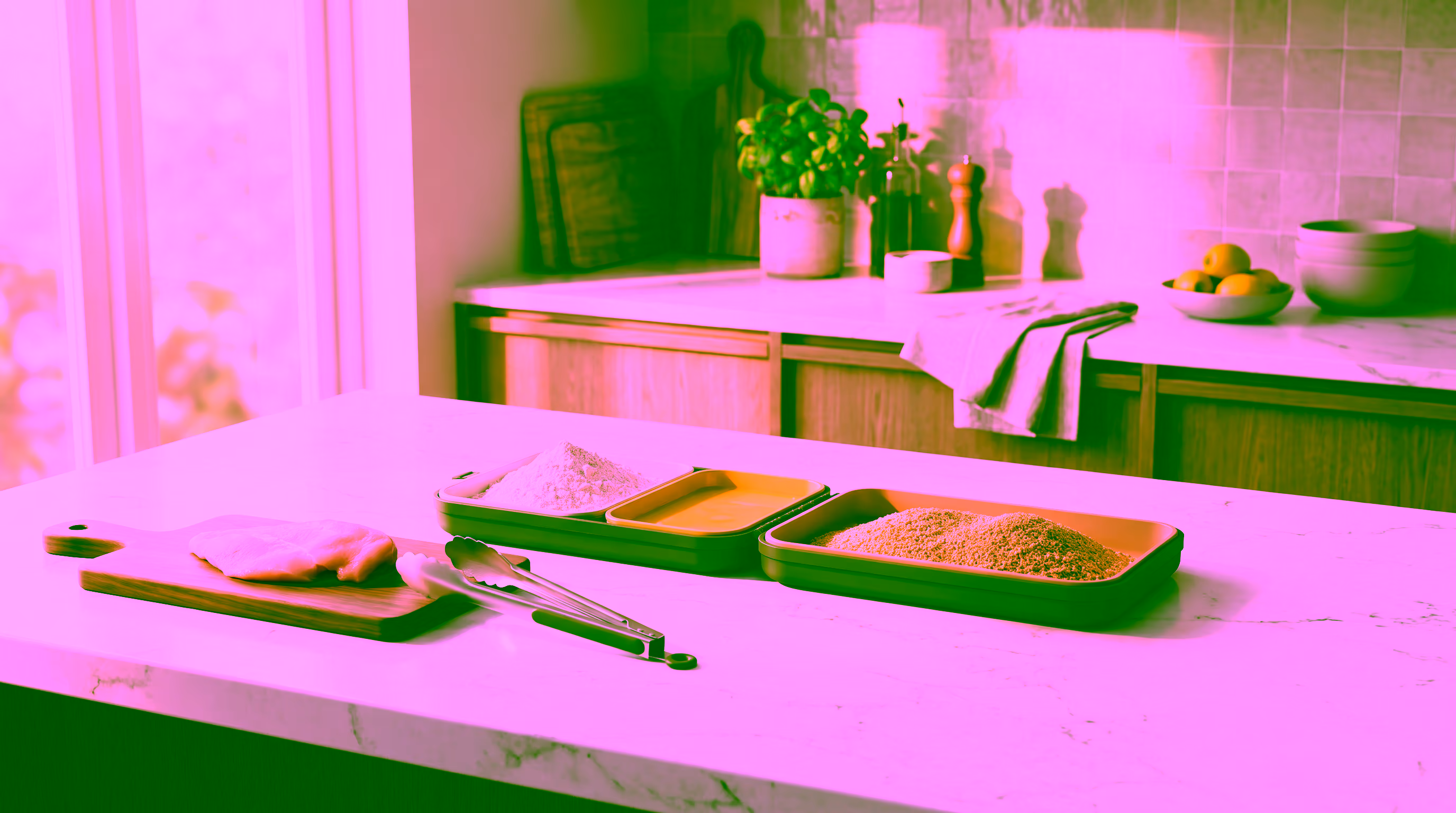 The Cutlet Station arranged in a warm home kitchen with flour, egg wash and breadcrumbs