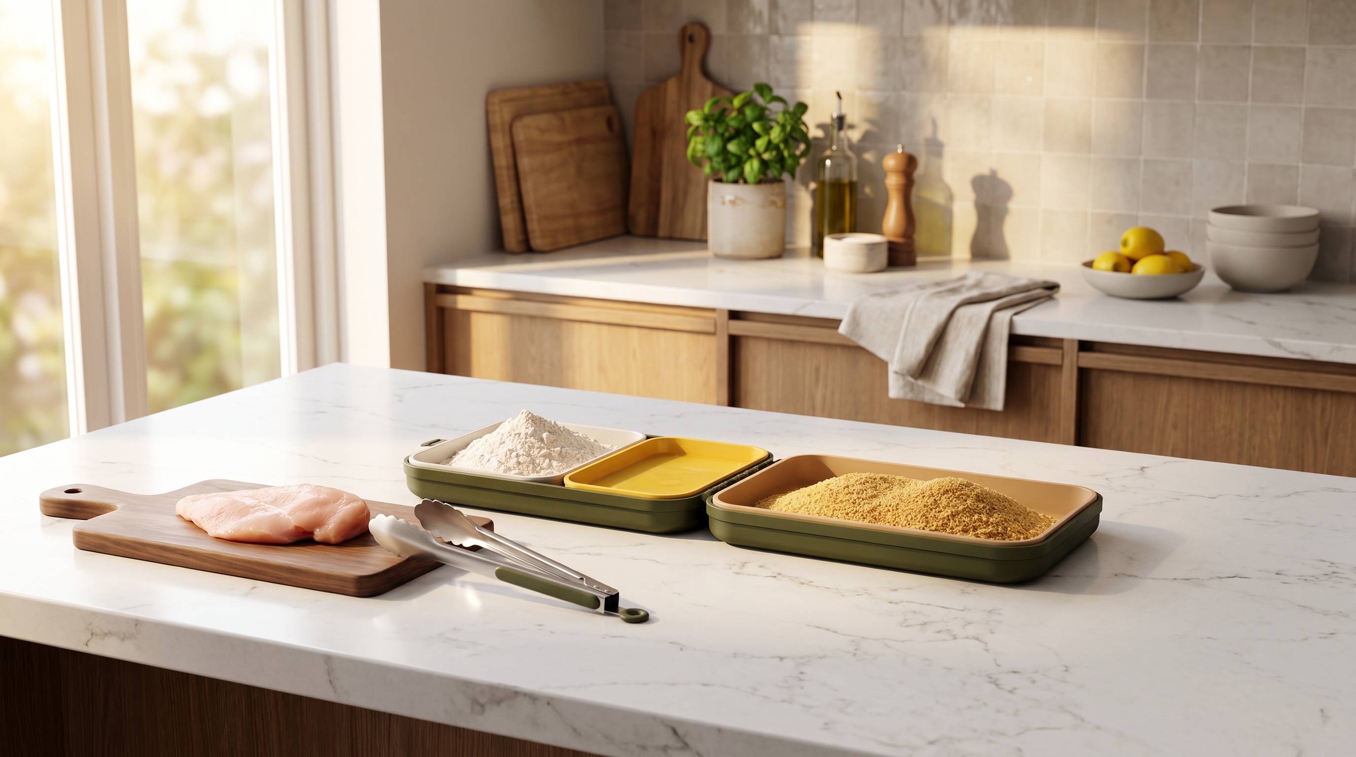 The Cutlet Station arranged with flour, egg wash and breadcrumbs in a bright home kitchen