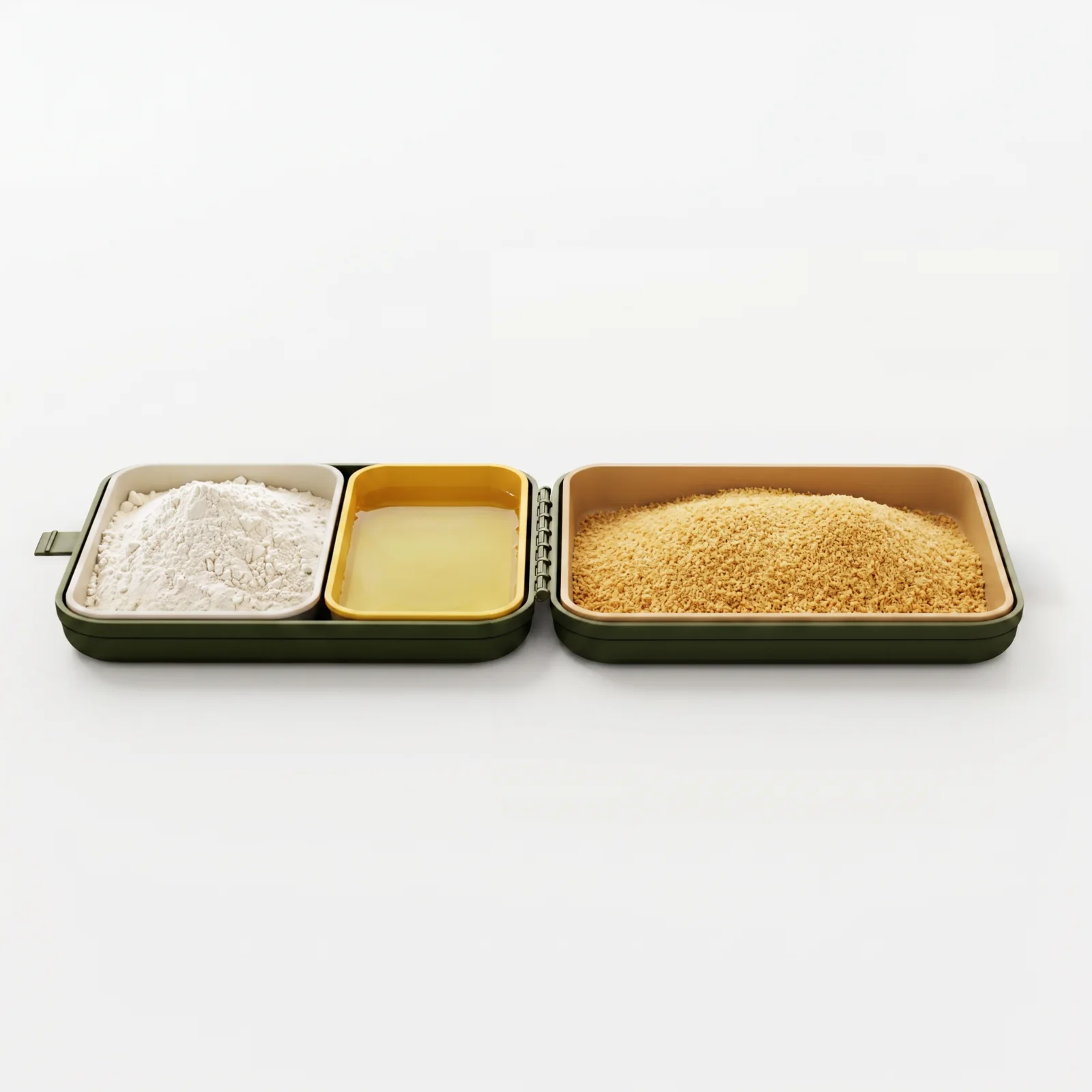 The Cutlet Station open with flour, egg and breadcrumbs