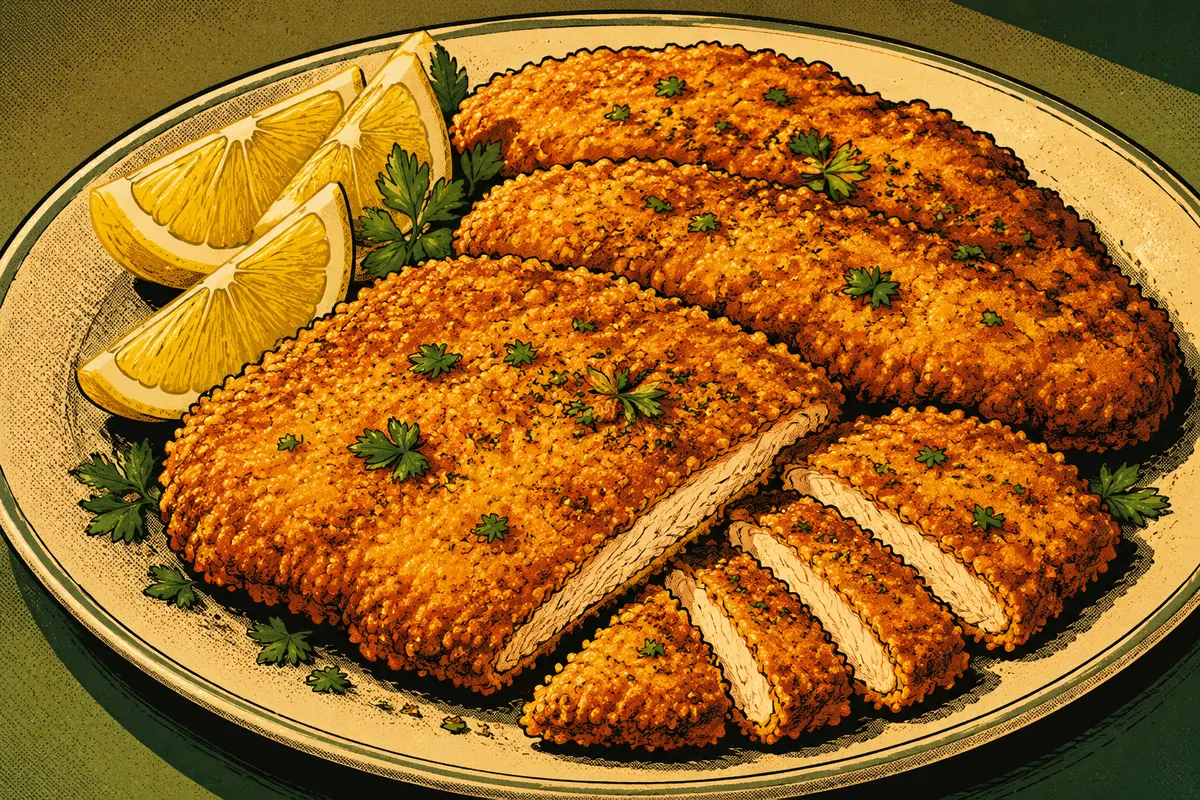 Comic-book illustration of crisp golden chicken cutlets served with lemon wedges and parsley
