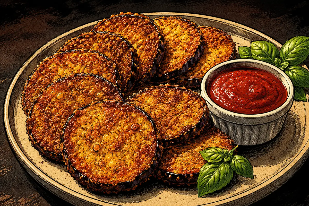 Comic-book illustration of crunchy breaded eggplant rounds served with tomato sauce and basil