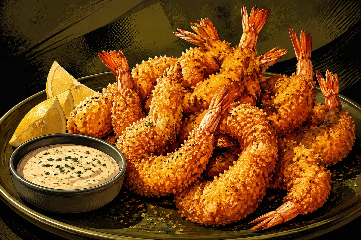 Comic-book illustration of crisp panko shrimp served with lemon and dipping sauce