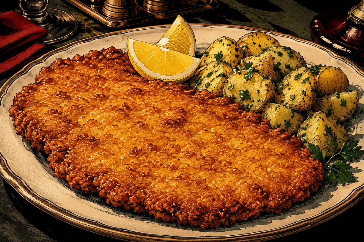 Comic-book illustration of a crisp golden schnitzel served with lemon, parsley, and potatoes